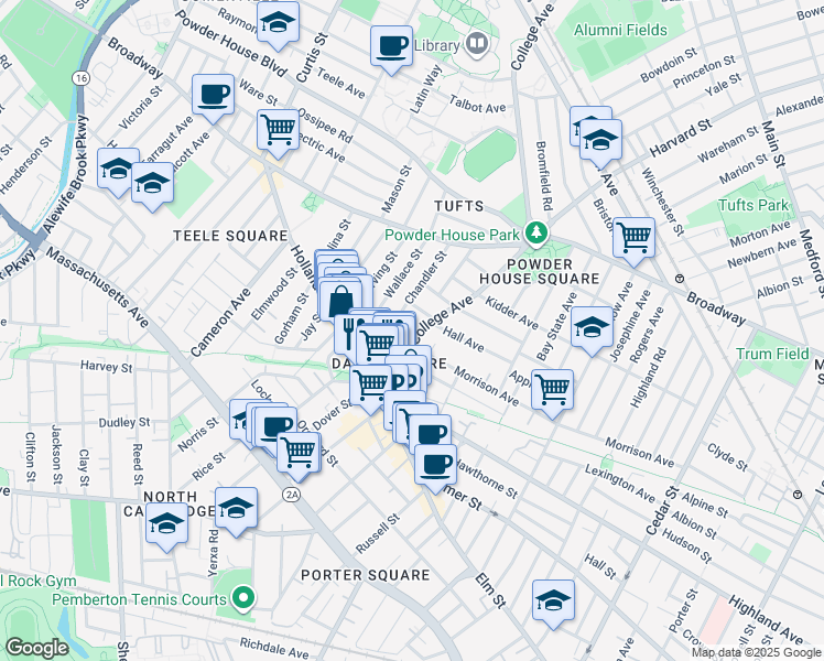 map of restaurants, bars, coffee shops, grocery stores, and more near 9 Chapel Street in Somerville