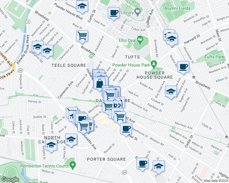 map of restaurants, bars, coffee shops, grocery stores, and more near 37 Wallace Street in Somerville