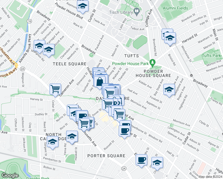 map of restaurants, bars, coffee shops, grocery stores, and more near 37 Wallace Street in Somerville