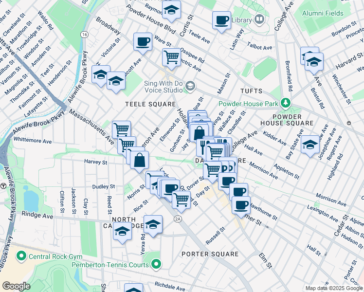 map of restaurants, bars, coffee shops, grocery stores, and more near 20 Gorham Street in Somerville