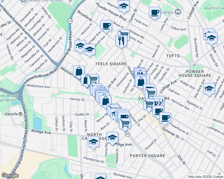 map of restaurants, bars, coffee shops, grocery stores, and more near 64 Cameron Avenue in Somerville