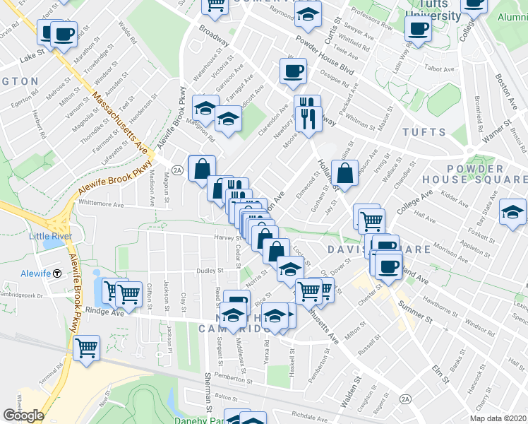 map of restaurants, bars, coffee shops, grocery stores, and more near 29 Camp Street in Cambridge