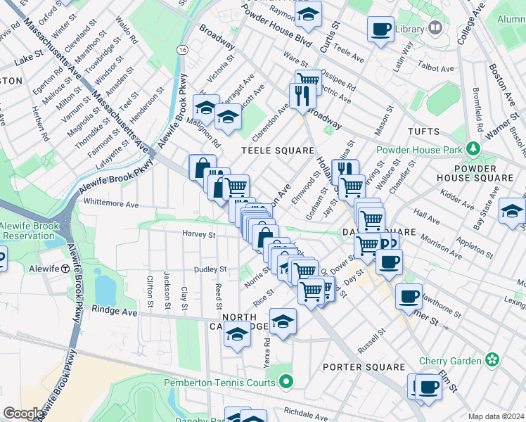 map of restaurants, bars, coffee shops, grocery stores, and more near 29 Camp Street in Cambridge