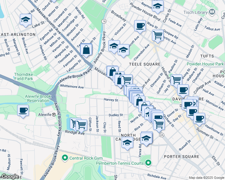 map of restaurants, bars, coffee shops, grocery stores, and more near 18 Cottage Park Avenue in Cambridge