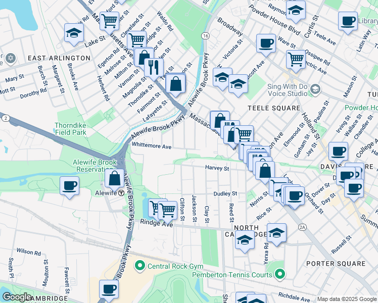 map of restaurants, bars, coffee shops, grocery stores, and more near 47 Madison Avenue in Cambridge