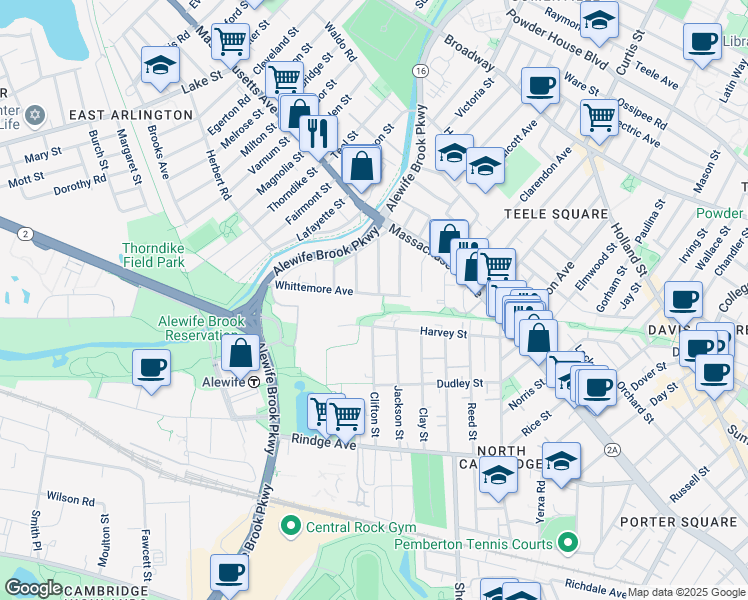 map of restaurants, bars, coffee shops, grocery stores, and more near 47 Madison Avenue in Cambridge