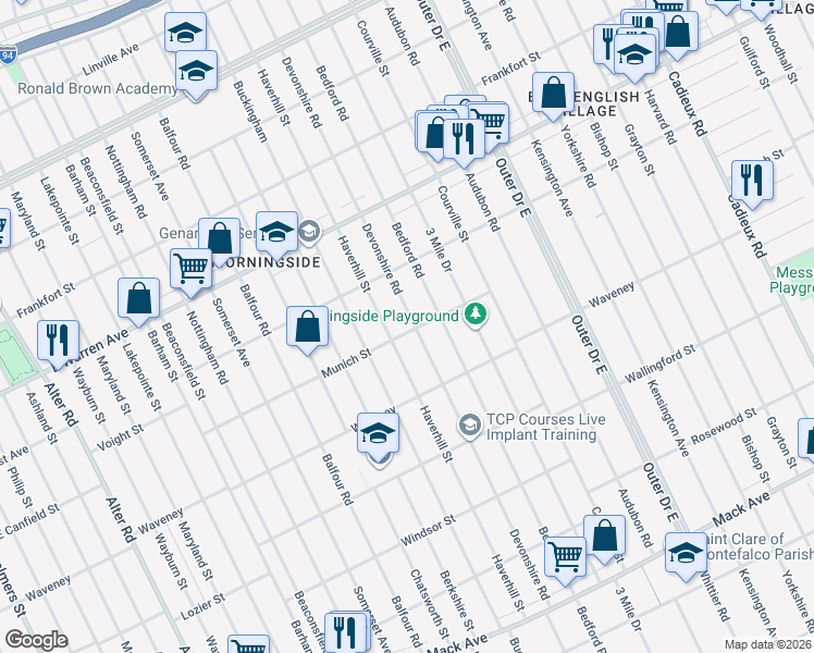 map of restaurants, bars, coffee shops, grocery stores, and more near 4635 Bedford Road in Detroit
