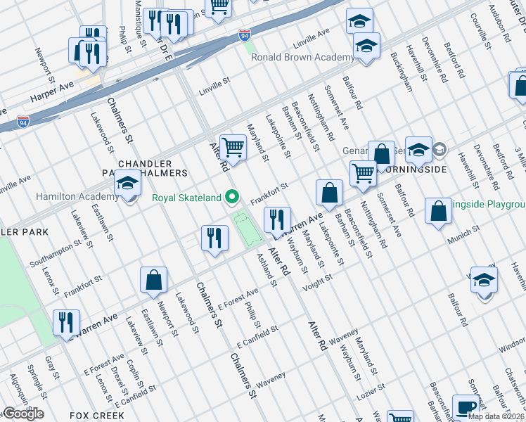 map of restaurants, bars, coffee shops, grocery stores, and more near 5114 Wayburn Street in Detroit