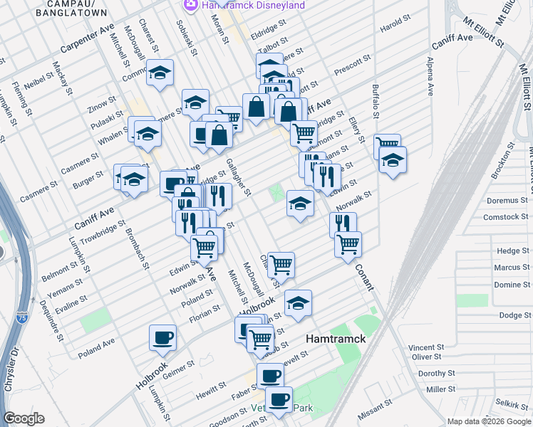 map of restaurants, bars, coffee shops, grocery stores, and more near 9815 Winfield Street in Hamtramck