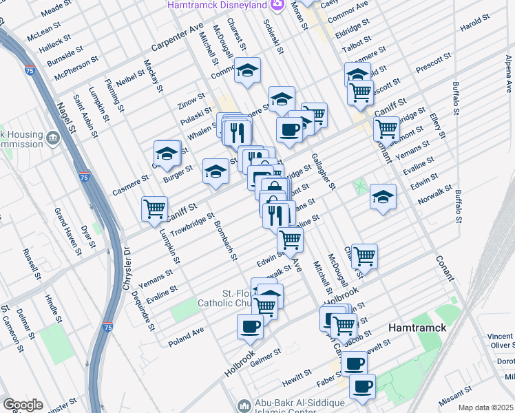 map of restaurants, bars, coffee shops, grocery stores, and more near 10241 Joseph Campau Avenue in Hamtramck