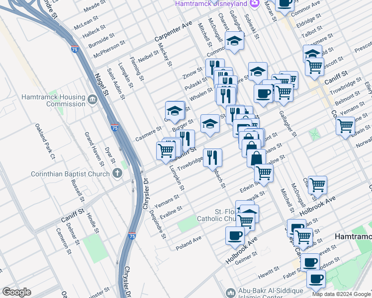 map of restaurants, bars, coffee shops, grocery stores, and more near 2368 Holmes Street in Hamtramck