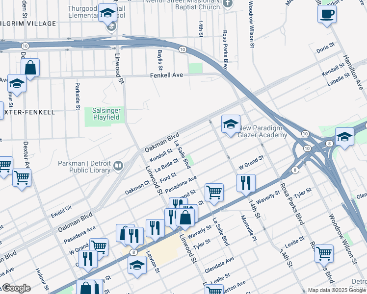 map of restaurants, bars, coffee shops, grocery stores, and more near 2310 Kendall Street in Detroit
