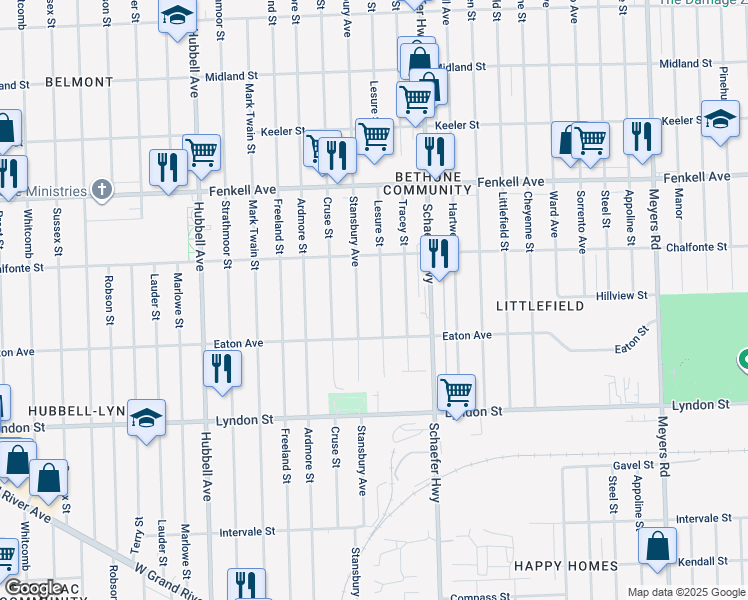 map of restaurants, bars, coffee shops, grocery stores, and more near 14924 Lesure Street in Detroit