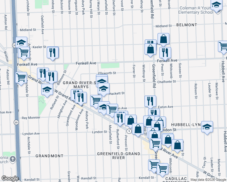 map of restaurants, bars, coffee shops, grocery stores, and more near 16011 Chalfonte Street in Detroit