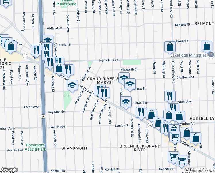 map of restaurants, bars, coffee shops, grocery stores, and more near 14871 Mettetal Street in Detroit