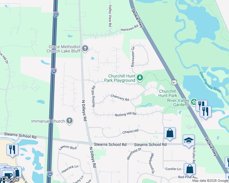 map of restaurants, bars, coffee shops, grocery stores, and more near 6061 Westminster Lane in Gurnee