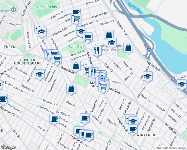 map of restaurants, bars, coffee shops, grocery stores, and more near 87 Medford Street in Medford