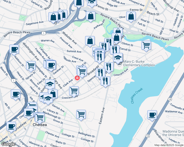map of restaurants, bars, coffee shops, grocery stores, and more near 855 Broadway in Chelsea