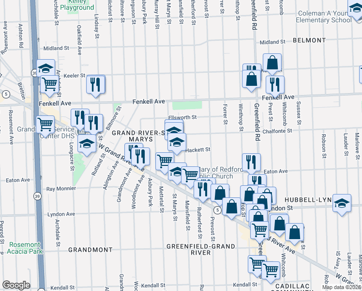 map of restaurants, bars, coffee shops, grocery stores, and more near 16011 Chalfonte Street in Detroit