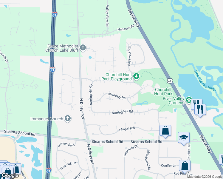 map of restaurants, bars, coffee shops, grocery stores, and more near 6061 Westminster Lane in Gurnee
