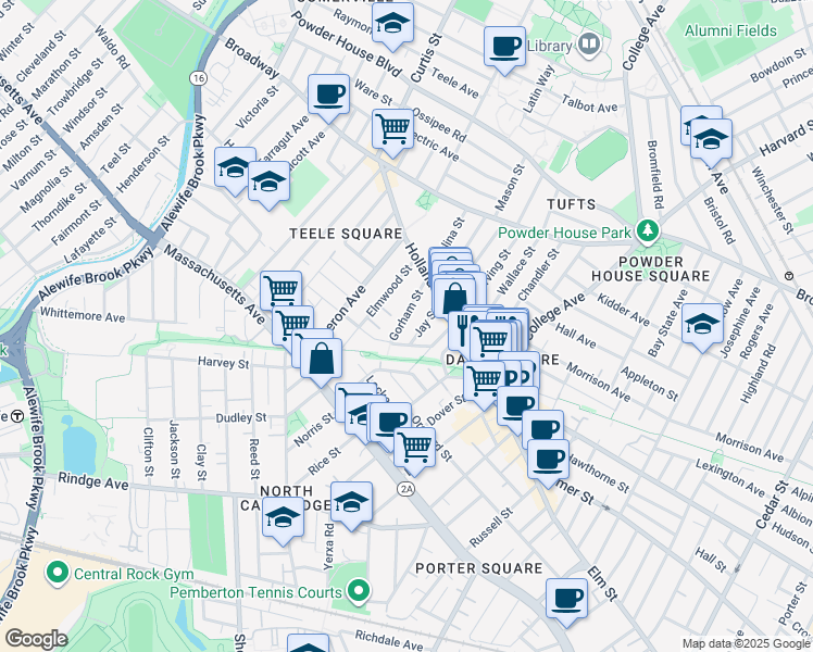 map of restaurants, bars, coffee shops, grocery stores, and more near 44 Gorham Street in Somerville