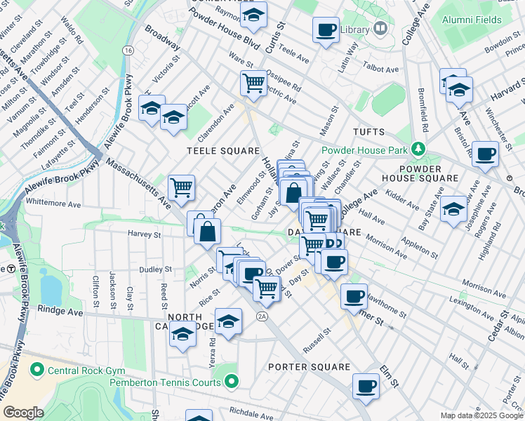 map of restaurants, bars, coffee shops, grocery stores, and more near 20 Gorham Street in Somerville