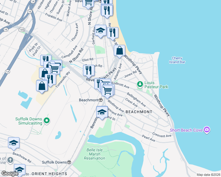 map of restaurants, bars, coffee shops, grocery stores, and more near 11 Atlantic Avenue in Revere