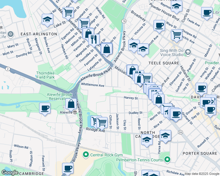 map of restaurants, bars, coffee shops, grocery stores, and more near 47 Madison Avenue in Cambridge
