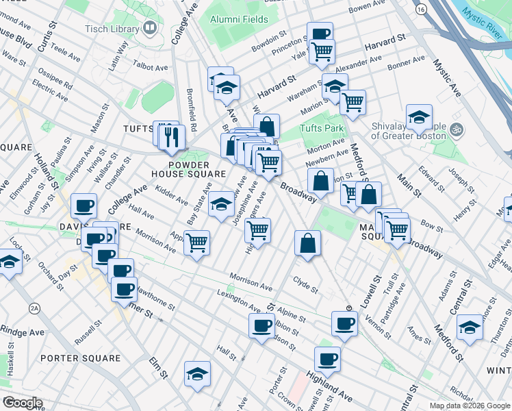 map of restaurants, bars, coffee shops, grocery stores, and more near 114 Rogers Avenue in Somerville