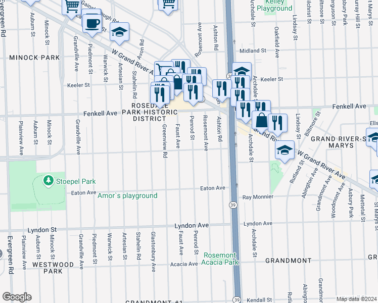 map of restaurants, bars, coffee shops, grocery stores, and more near 14963 Penrod Street in Detroit