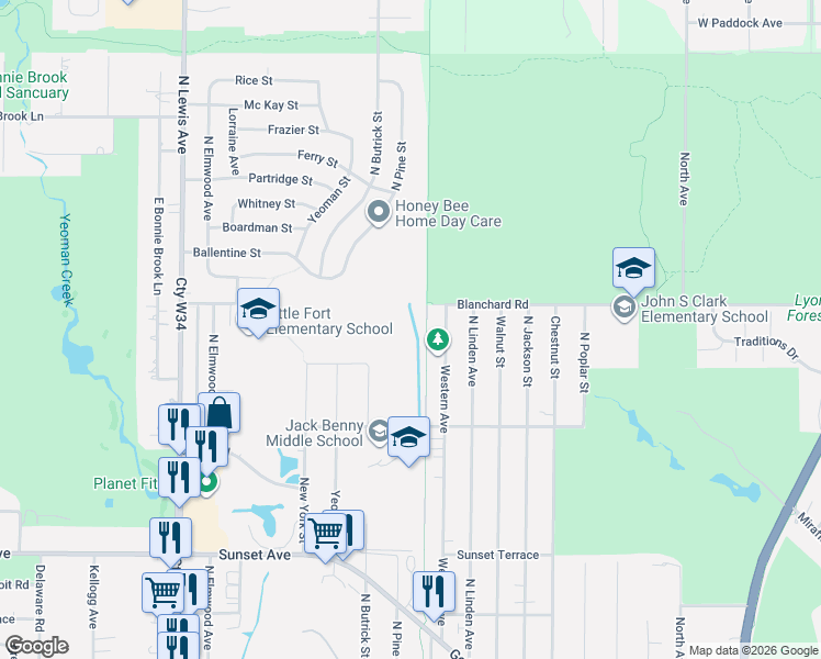 map of restaurants, bars, coffee shops, grocery stores, and more near 1121 Blanchard Road in Waukegan