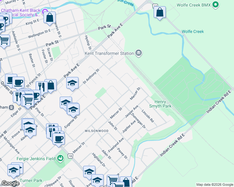 map of restaurants, bars, coffee shops, grocery stores, and more near 95 Burton Avenue in Chatham