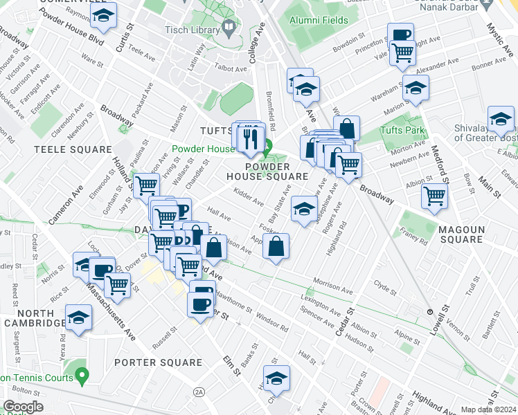 map of restaurants, bars, coffee shops, grocery stores, and more near 77 Liberty Avenue in Somerville