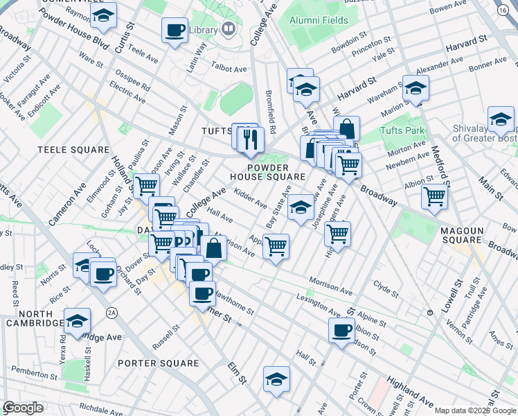 map of restaurants, bars, coffee shops, grocery stores, and more near 59 Liberty Avenue in Somerville