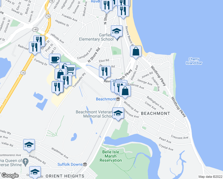 map of restaurants, bars, coffee shops, grocery stores, and more near 630 Winthrop Avenue in Revere