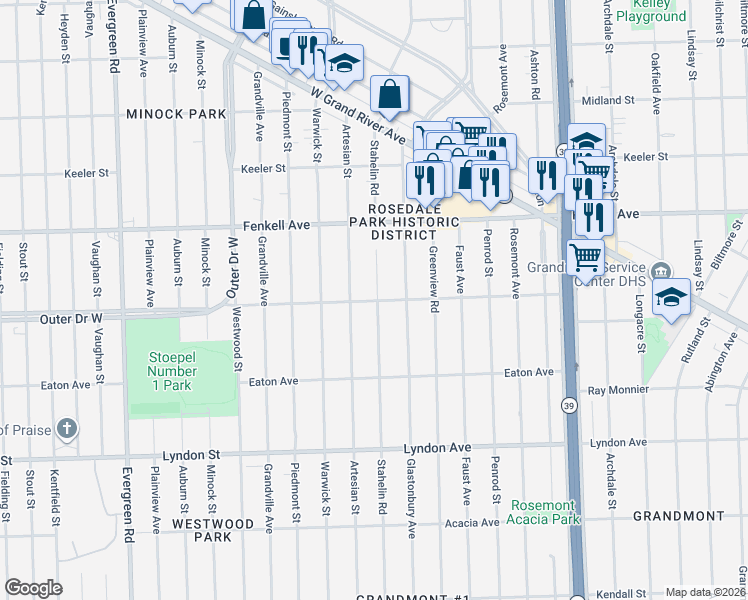 map of restaurants, bars, coffee shops, grocery stores, and more near 15030 Stahelin Road in Detroit