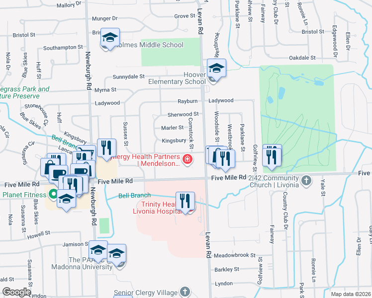 map of restaurants, bars, coffee shops, grocery stores, and more near 36509 Kingsbury in Livonia