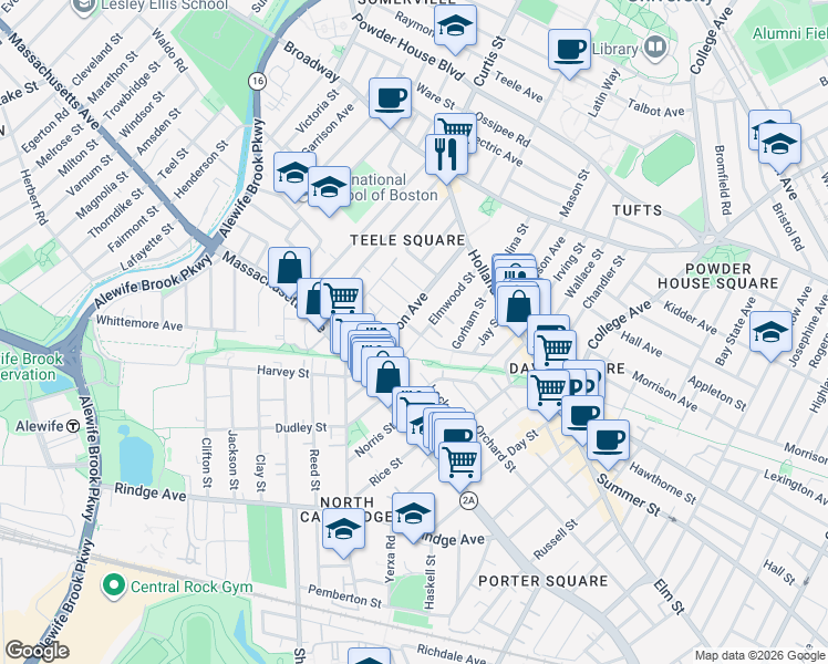 map of restaurants, bars, coffee shops, grocery stores, and more near 11 Tannery Brook Row in Somerville