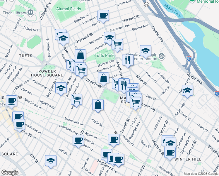 map of restaurants, bars, coffee shops, grocery stores, and more near 5 Alfred Terrace in Medford