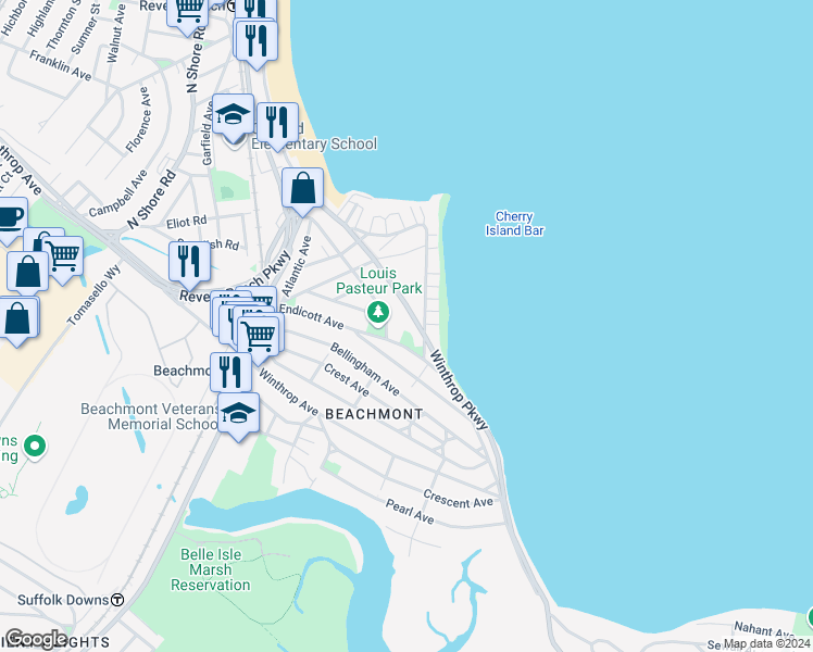 map of restaurants, bars, coffee shops, grocery stores, and more near 145 Winthrop Parkway in Revere
