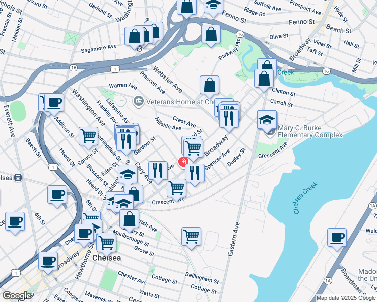 map of restaurants, bars, coffee shops, grocery stores, and more near 59 Eleanor Street in Chelsea