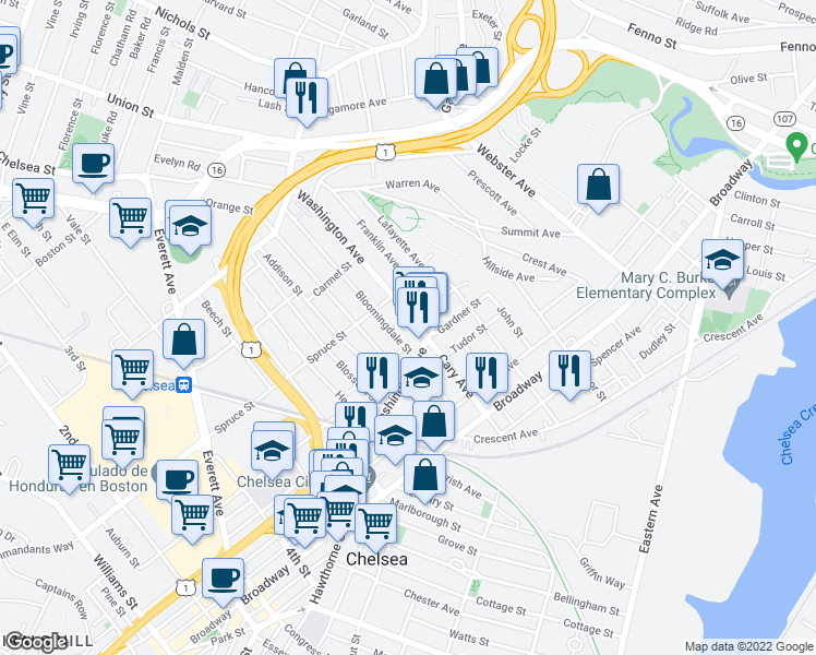 map of restaurants, bars, coffee shops, grocery stores, and more near 183 Washington Avenue in Chelsea