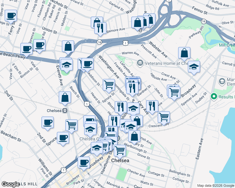 map of restaurants, bars, coffee shops, grocery stores, and more near 335 Spruce Street in Chelsea