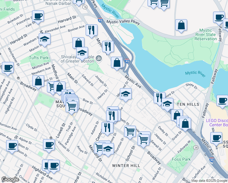 map of restaurants, bars, coffee shops, grocery stores, and more near 77 Fremont Street in Somerville