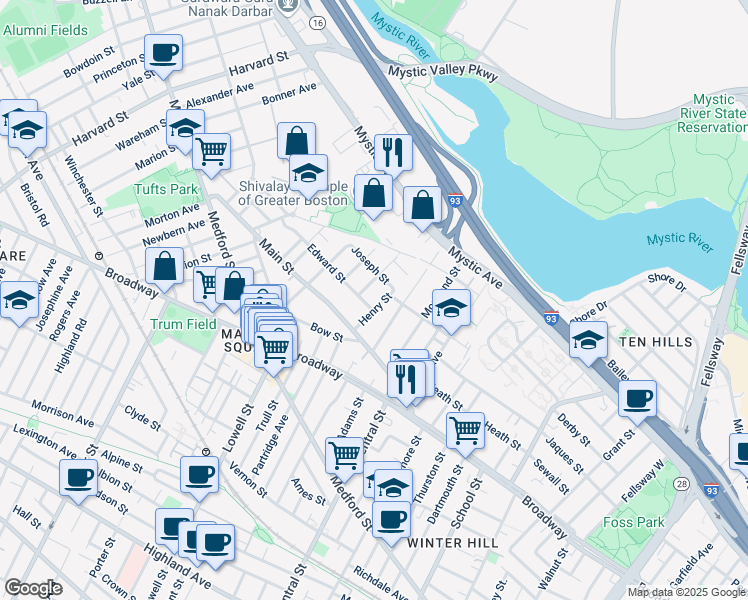 map of restaurants, bars, coffee shops, grocery stores, and more near 40 Joseph Street in Medford