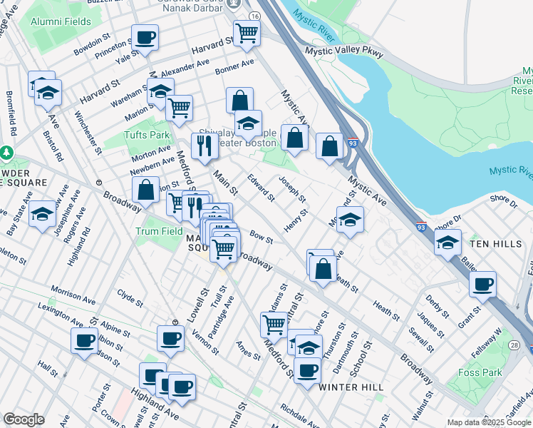map of restaurants, bars, coffee shops, grocery stores, and more near 55 Dexter Street in Medford