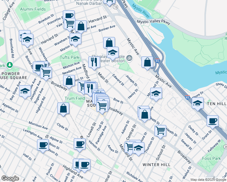 map of restaurants, bars, coffee shops, grocery stores, and more near 55 Dexter Street in Medford