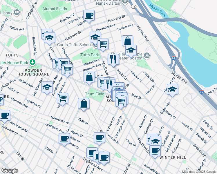 map of restaurants, bars, coffee shops, grocery stores, and more near 13 Winter Hill Road in Medford