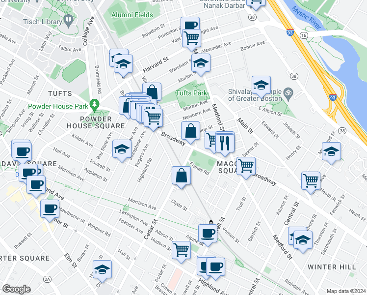 map of restaurants, bars, coffee shops, grocery stores, and more near 611 Broadway in Somerville