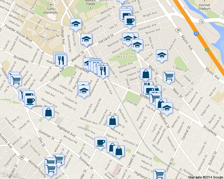 map of restaurants, bars, coffee shops, grocery stores, and more near in Somerville